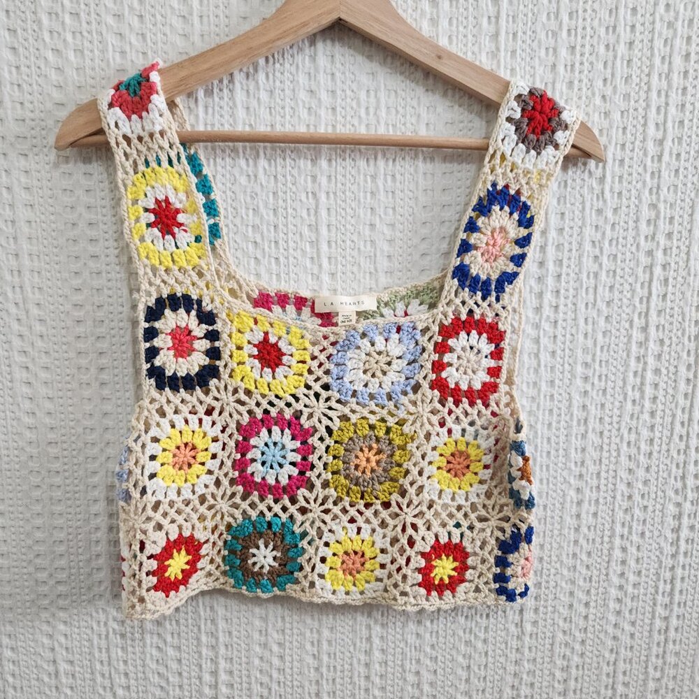 PacSun LA Hearts Crochet Granny Square Crop Tank Top Boho Festival One Size - Picture 4 of 12